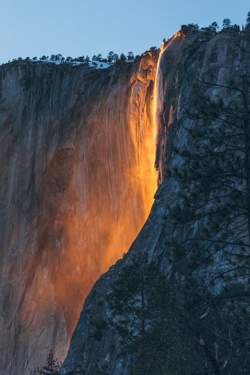 For a few days each year around the second week of February, Horsetail Falls, on the eastern side of El Capitan in Yosemite, can turn into what is known colloquially as “firefall.” When the sky is clear, and there has been good snowfall—and also sunshine to melt it—the rays of the setting sun illuminate the falling water, making it glow red and orange against the darkened cliffs. Even when the conditions are perfect, the phenomenon lasts for only about ten minutes. —My Tiny Atlas