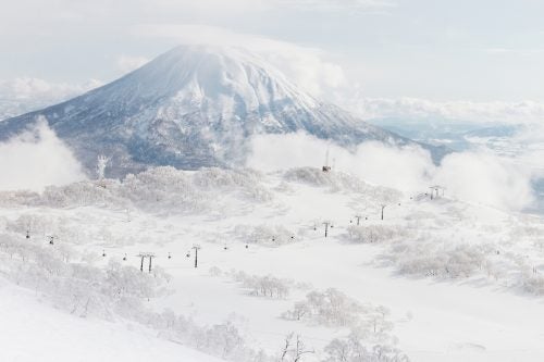Mount Yotei, with Niseko Village ski resort’s lifts visible below