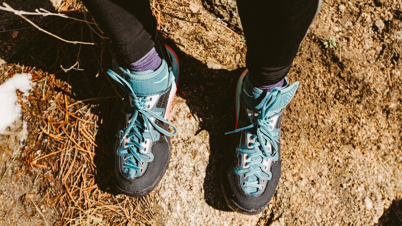 The author wearing her Hoka Sky Arkali boots in Boulder