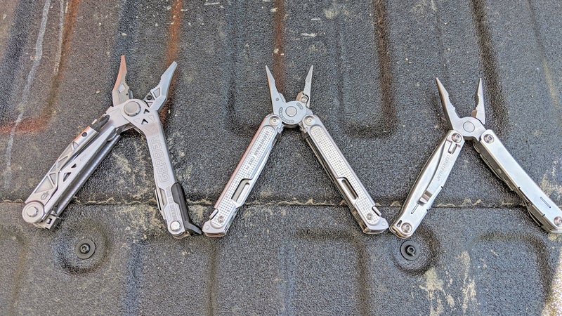 The Gerber Center-Drive (left) has ten tools. You can see that the new Free P4 (center) and the Sidekick (right) are about the same size, even though the P4 packs 21 tools to the Sidekick’s 14.