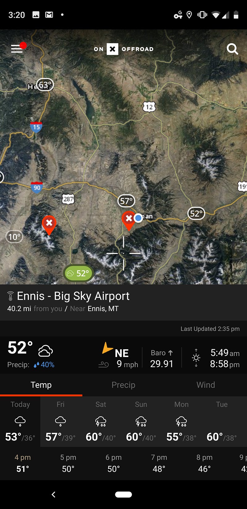 I wonder what the weather will be like? OnX downloads the seven-day forecast from the nearest weather station, so it’s available offline. Over a large area, I could use this to make plans around bad weather even if I didn’t have cell reception.