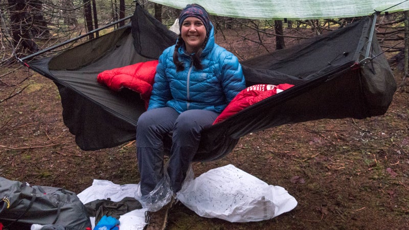 To keep our feet warm in camp, we wore bread bags between our dry sleeping socks and our wet shoes.