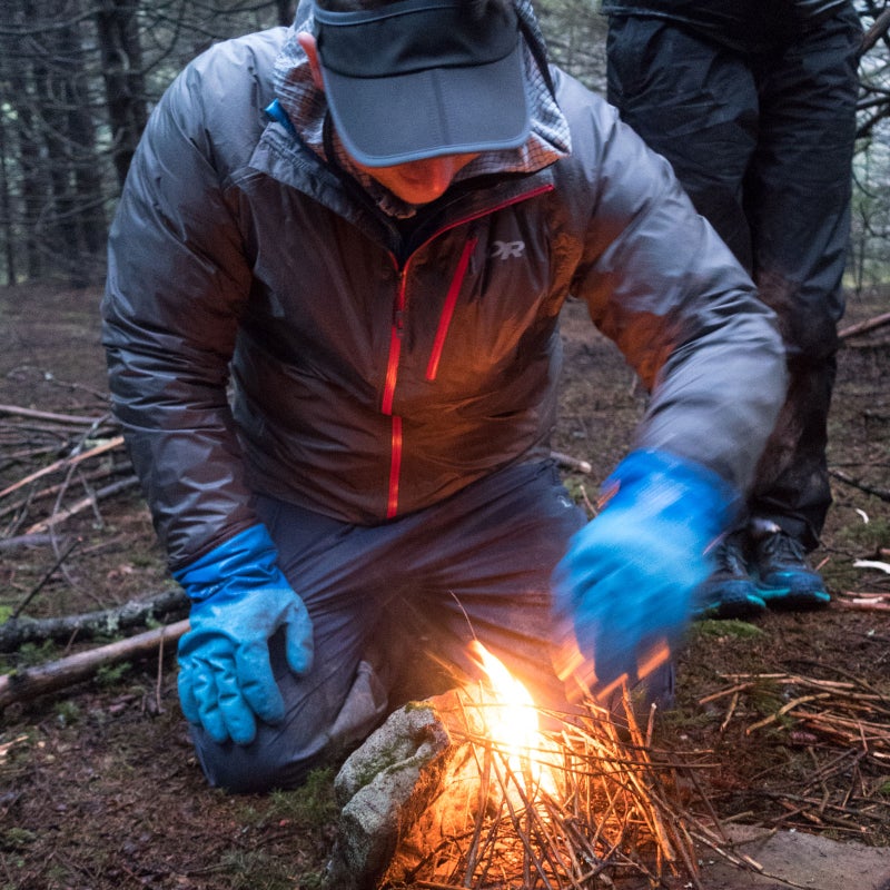 This campsite had been in the clouds for several days, and everything was soaked. Starting a fire required skill, patience, and a few tricks.