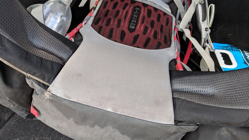 The aerated back panel does little to reduce perspiration buildup in warmer conditions and during hard efforts, as evidenced by the sweat line. But a more ventilated back panel would add weight and expense and compromise the load stability.