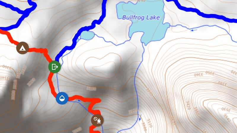 In the Guthook Guides app, virtual icons along the trail designate campsites, water sources, intersecting roads, and trail-town information.