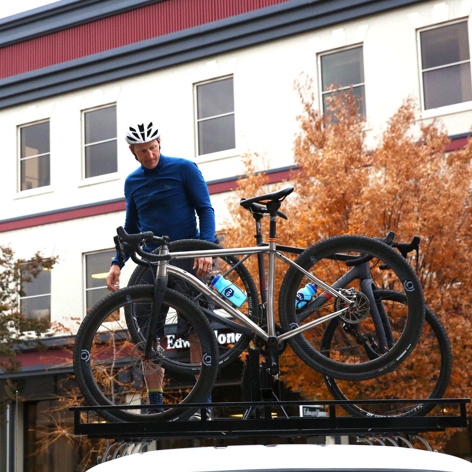 Test director Aaron Gulley surveying two of the more than 25 road bikes we put through the paces in Grand Junction, Colorado
