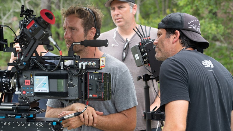 Tyler Nilson (left) and Michael Schwartz (right) on the set of 'The Peanut Butter Falcon'