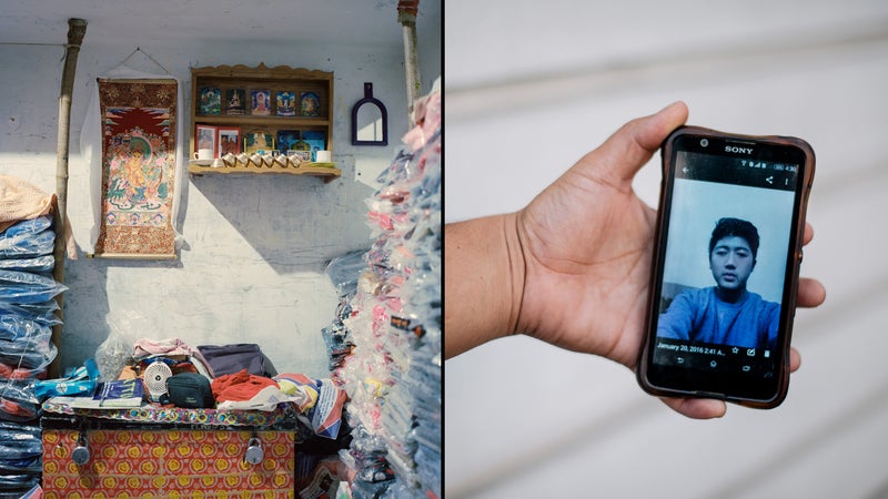 A makeshift family shrine to Dorjee Tsering; right, Dorjee’s brother, Tsering Gelek, showing Dorjee’s last self-portrait