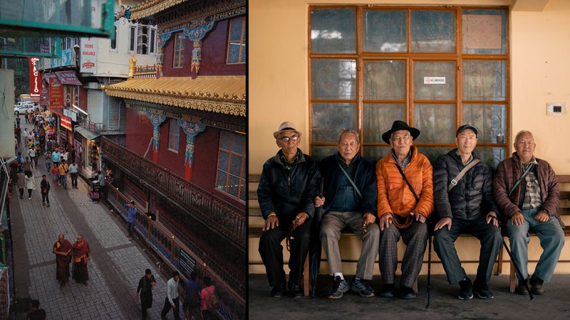 The streets of Dharamsala; right, Tibetan exiles resting during the kora