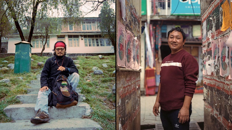 Author and activist Tenzin Tsundue, cousin of self-immolator Tenzin Choeying; right, Tenzin Phelgye, uncle of self-immolator Ngawang Norphel