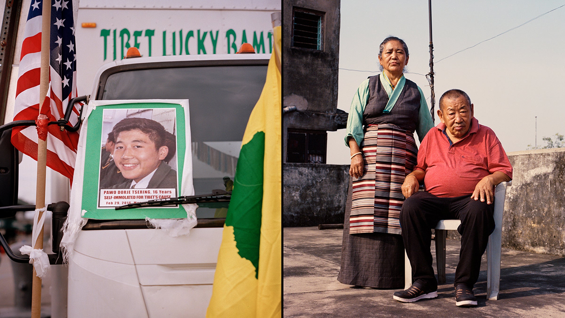 An image of self-immolator Dorjee Tsering, displayed at a Tibetan rally in New York City; right, Dorjee’s parents, Nyima Yangzom and Thupten Tashi (seated), in Asansol, India