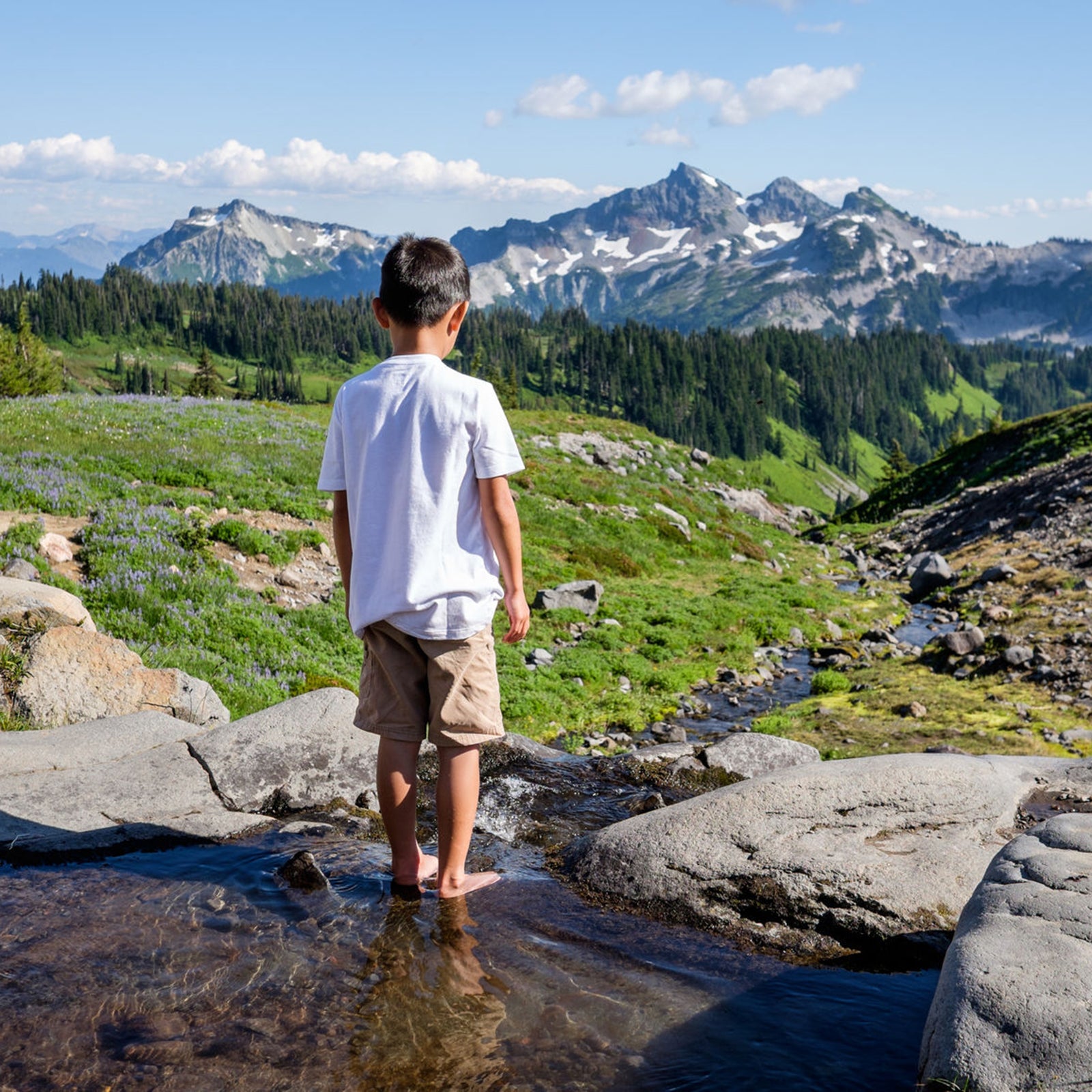 Young Boy Outdoor Enjoying The View Of Beautiful Mountains