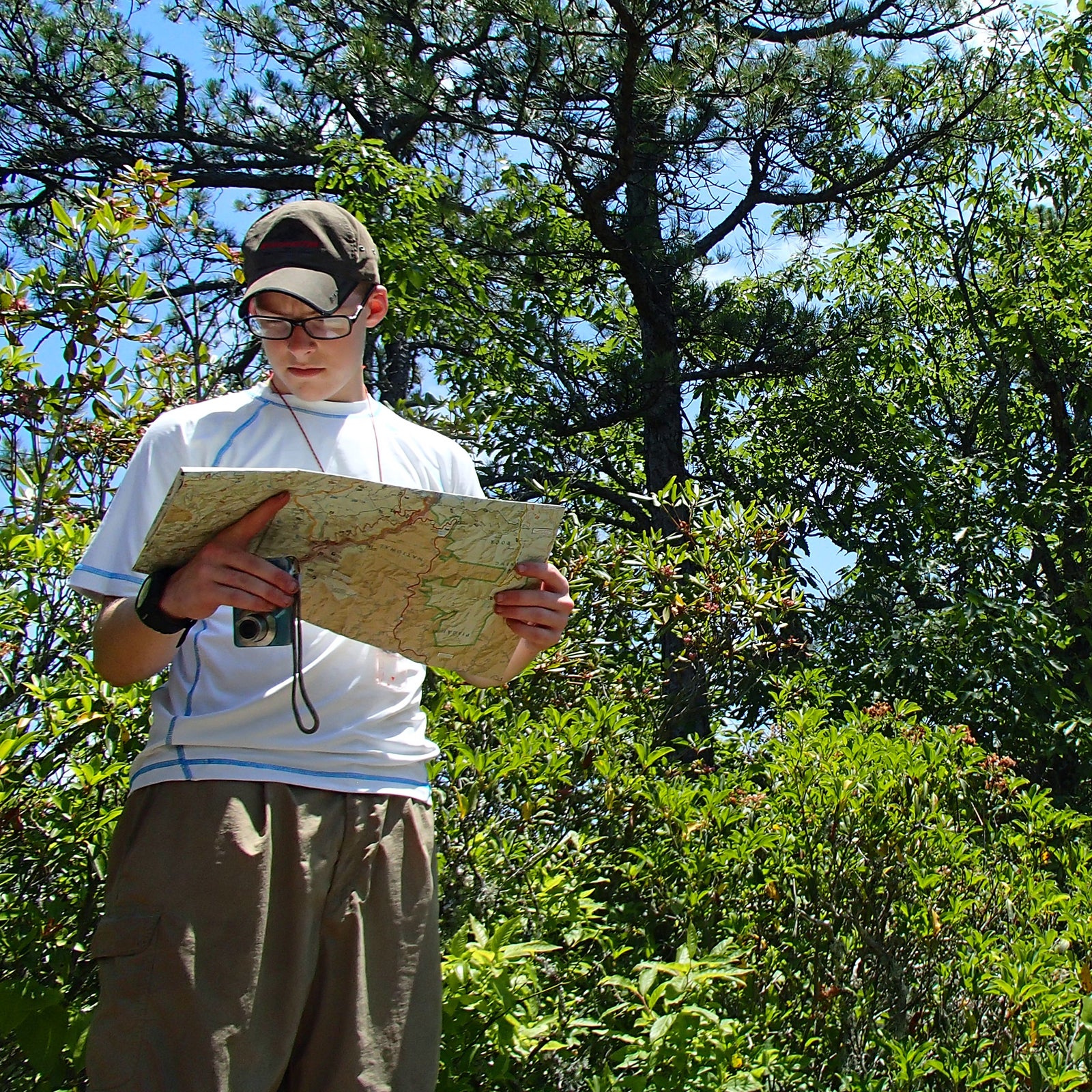 Man in the woods with map