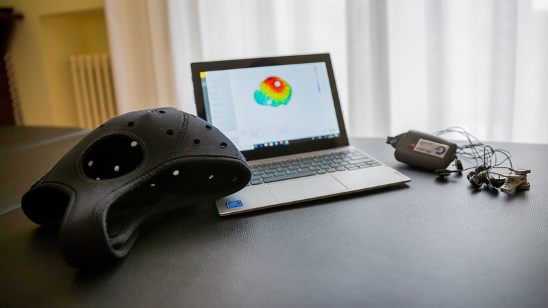 The tDCS protocol used by NeuroFire and the Bahrain Merida cycling team involves electrodes held in place by a neoprene cap, with the current controlled wirelessly from a laptop computer.