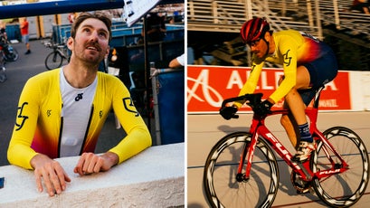 Bernstein at the Valley Preferred Cycling Center velodrome in Trexlertown, Pennsylvania, in May, before the crash; right, racing in Trexlertown in June