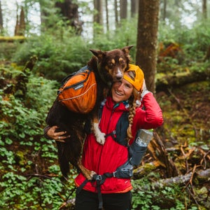 Alex Borsuk and Otto backpacking on the Oregon Coast in May