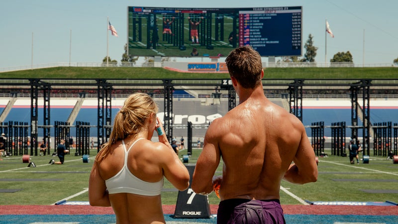 Two athletes study the field at the 2015 CrossFit Games.
