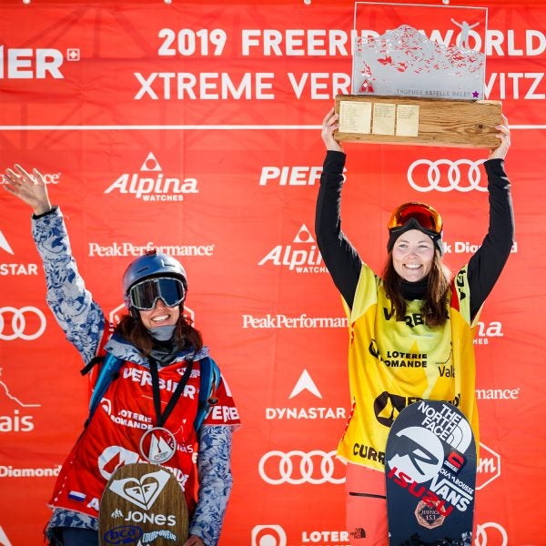 Podium finishers celebrate after the snowboard event at the Verbier Xtreme Freeride World Tour finals in 2019.