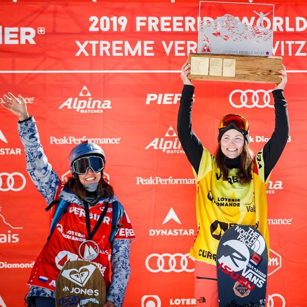 Podium finishers celebrate after the snowboard event at the Verbier Xtreme Freeride World Tour finals in 2019.