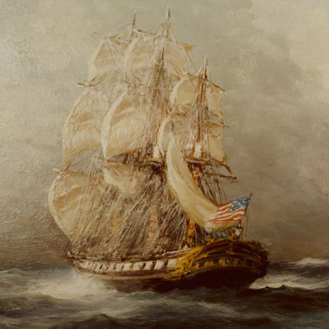 A photograph of a painting of the Continental Frigate Boston by Rod Claudius, Italy, 1962