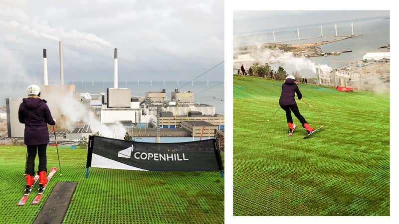 From left: The starting point of the ski run at the top of CopenHill. It’s steeper than it looks.