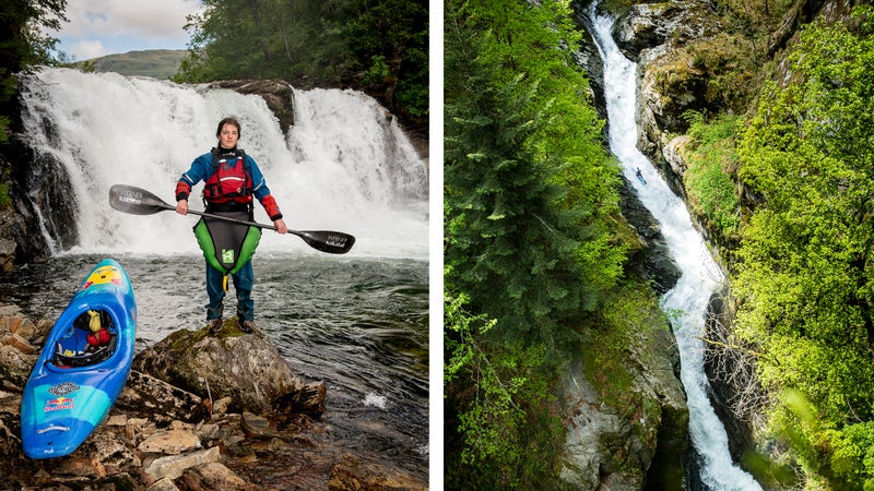 Newman on Norway’s Myrkdalselvi River (left) and during the shooting of the YouTube video “Follow Me” in Val Sorba, Italy