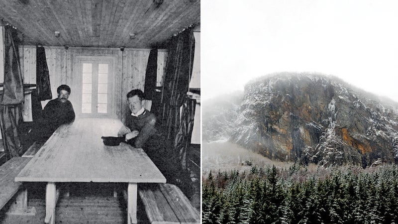 From left: Amundsen’s Antarctic living quarters; countryside near the Hardangervidda Plateau.
