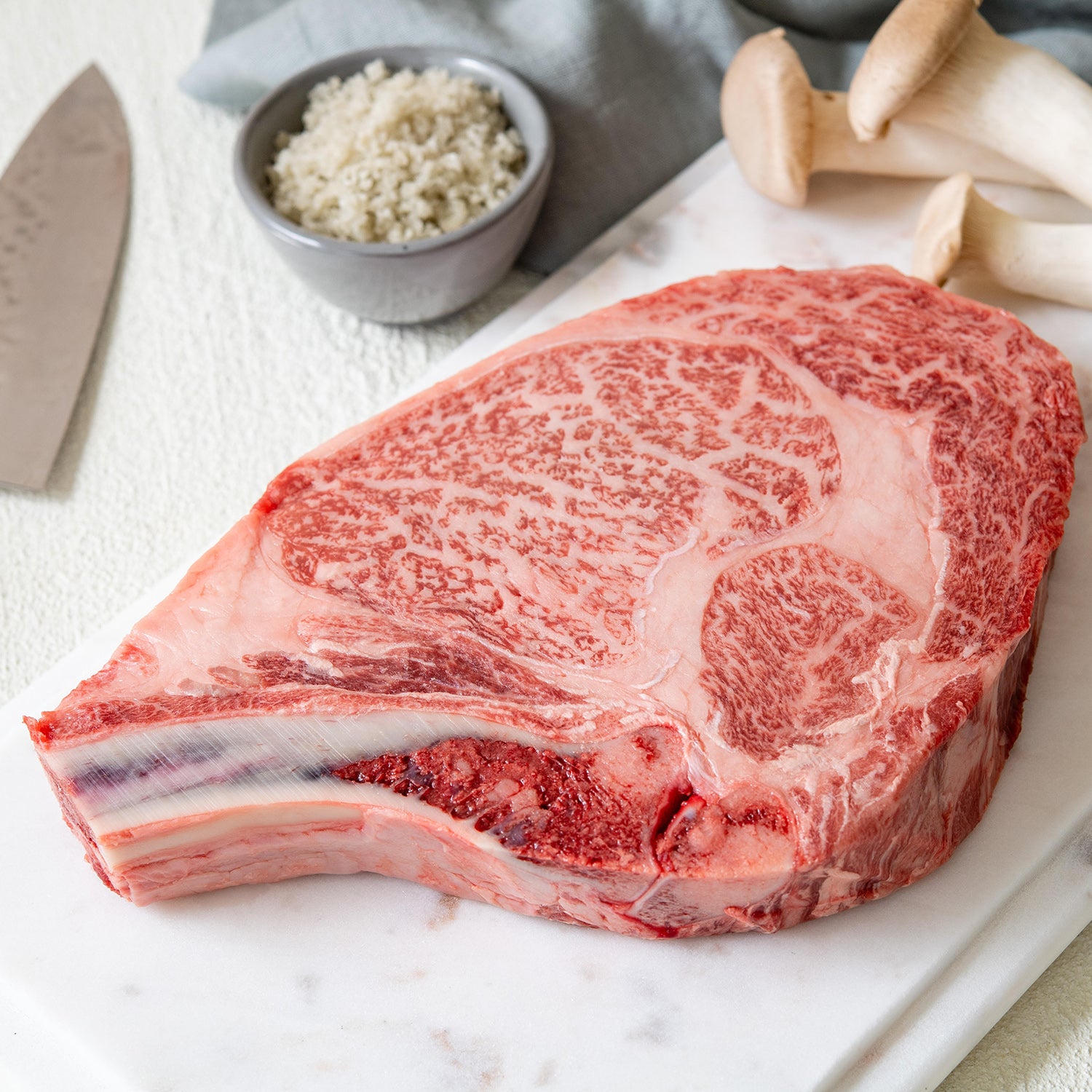 A bone-in A5-grade Wagyu rib eye from the Wagyu Shop