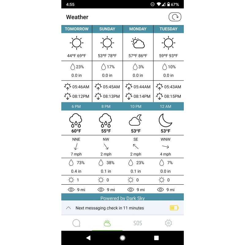 Both devices have location-specific weather forecasting. Here is the screenshot from the Zoleo app.