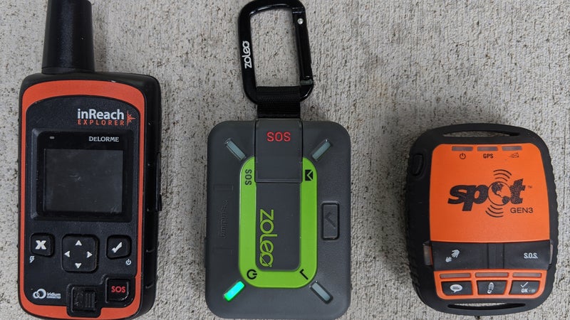 For size comparison: the DeLorme InReach Explorer (left), Zoleo (center), and Spot Gen3 (right)