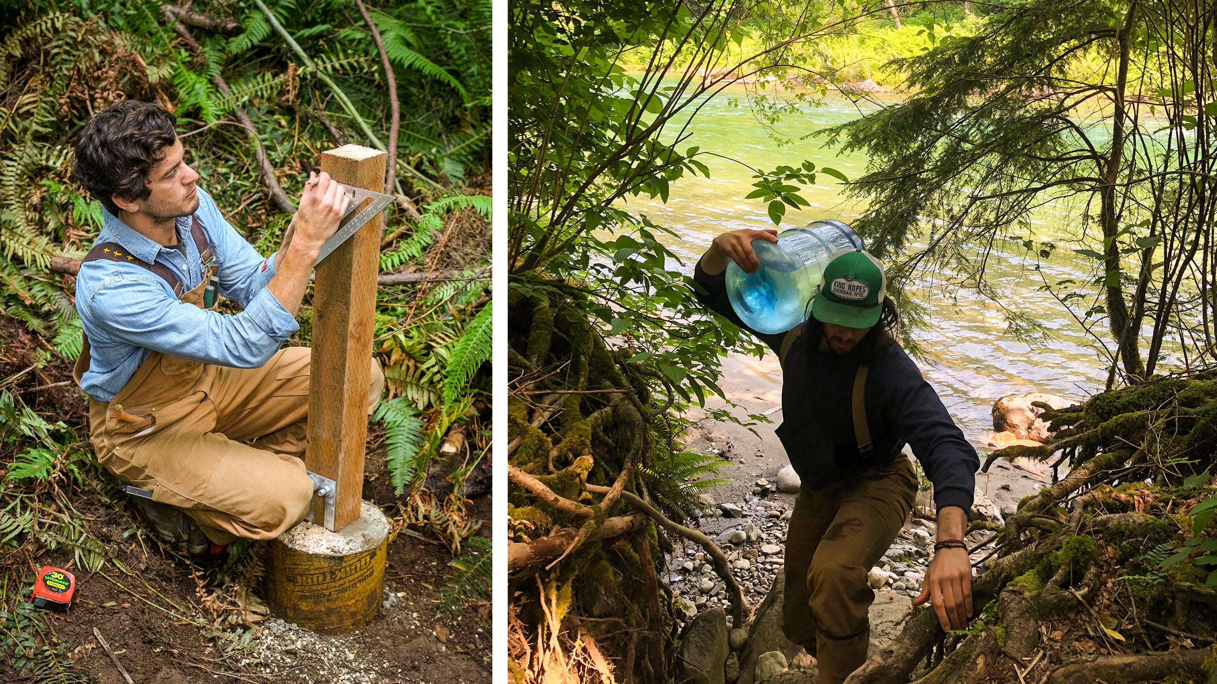 Bryan marks the cabin’s foundation posts. Pat hauls water from the Skykomish River for mixing concrete.