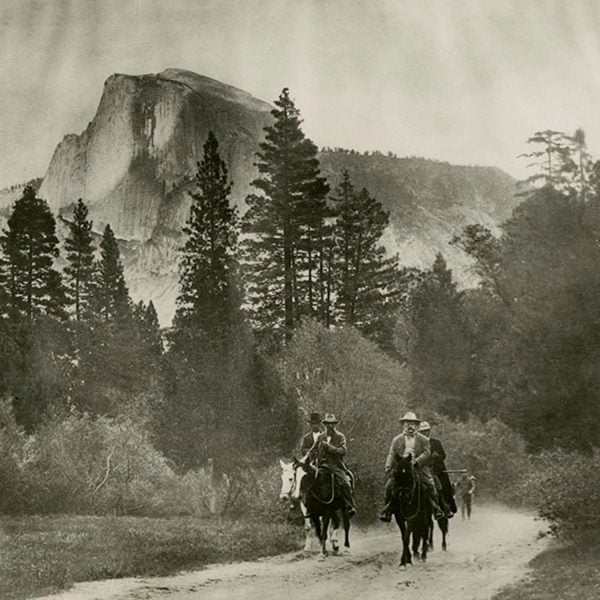 Theodore Roosevelt, right, and John Muir, left, heading out of Yosemite Valley on May 15, 1903