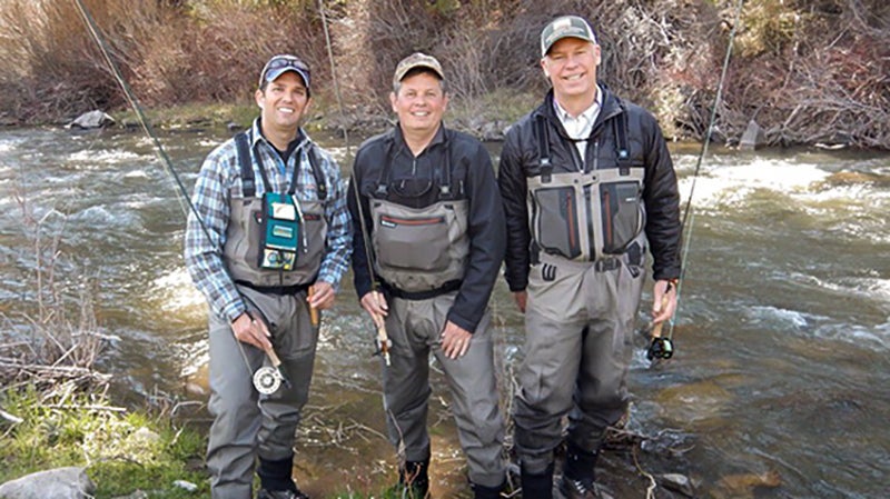 Steve Daines (center) posing with Donald Trump Jr. (left) and Greg Gianforte (right). A candidate for Montana governor, Gianforte is notorious for suing the state to block fishing access for the public near his home.