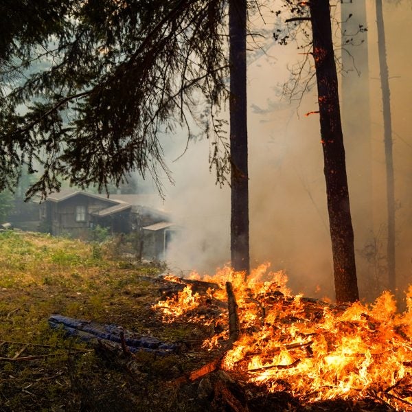 A fire burns near a house during the CZU Lightning Complex Fires, California.