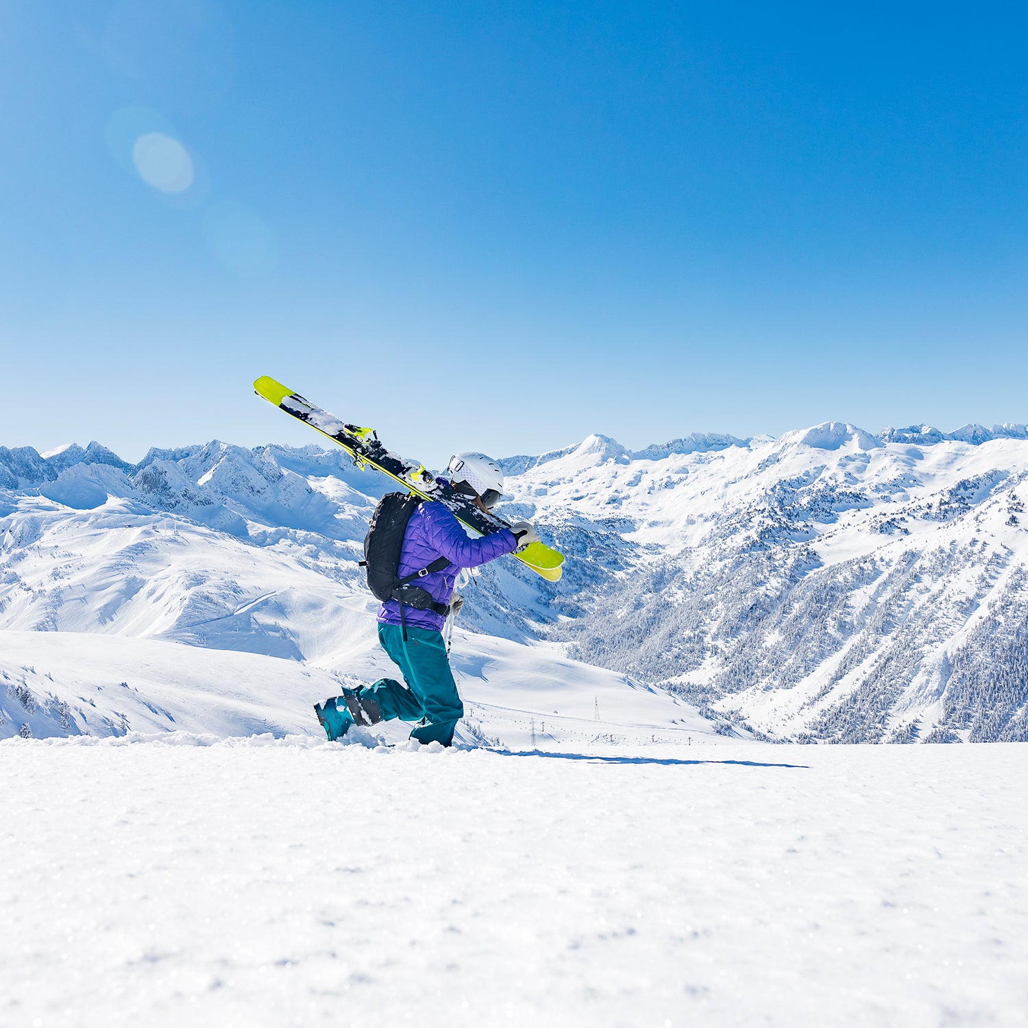 Woman during backcountry skiing day in the Pyrenees mountains Catalonia Spain