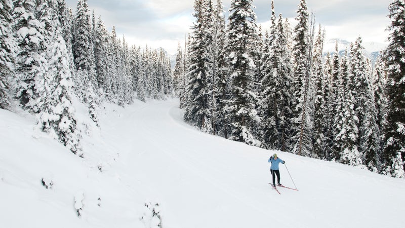 A young woman skate skis near Moraine Lake, Banff National Park.