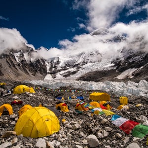 Tents set up at Everest Base Camp on Khumbu glacier, Mt.