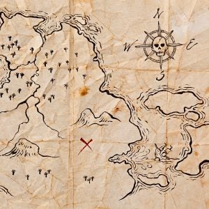 Pirate Map to Buried Treasure, Isolated on White. Horizontal.