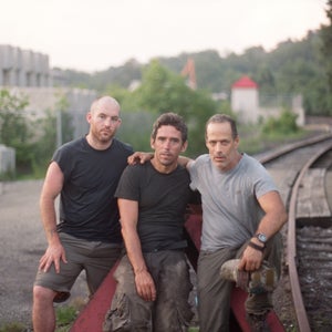Sebastian Junger, right, with two friends, walking Pennsylvania’s railroad lines