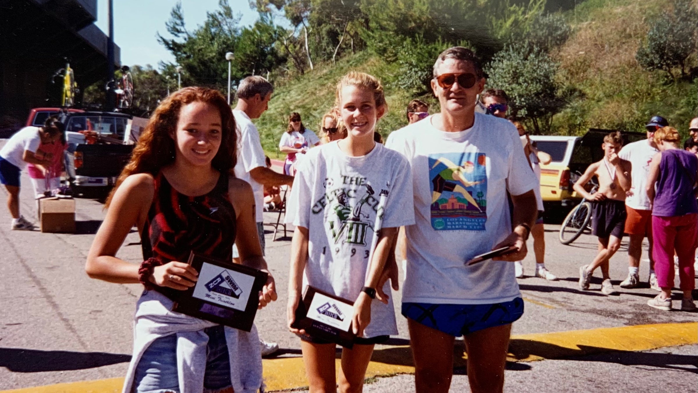 The author (center) teamed up with her sister Lauren and their dad to compete in a local triathlon relay.