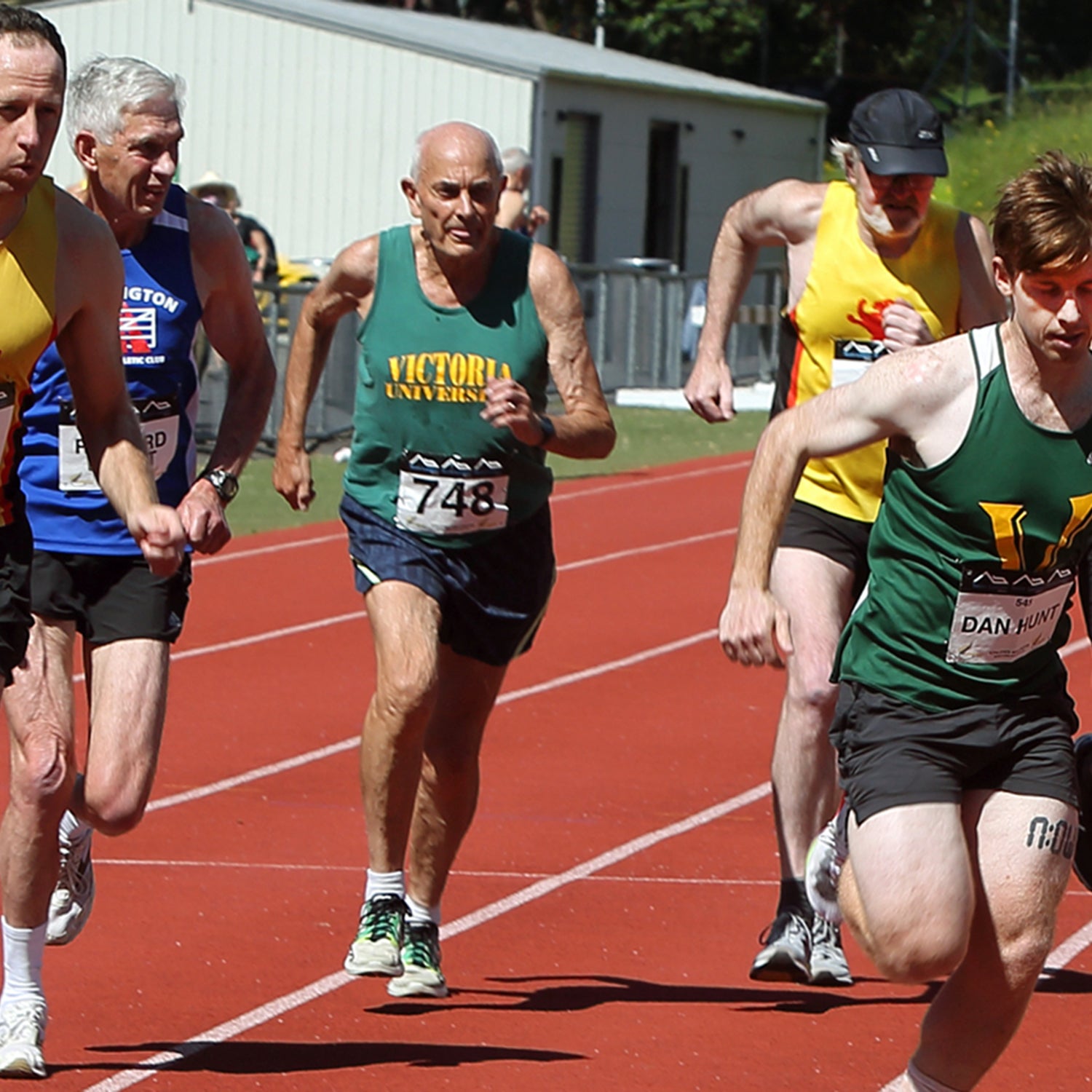 Roger Robinson (third from left) at age 82 starting a mile race with a mixed-age field.