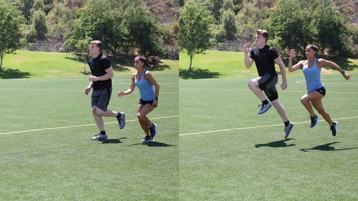 Man and woman bounding