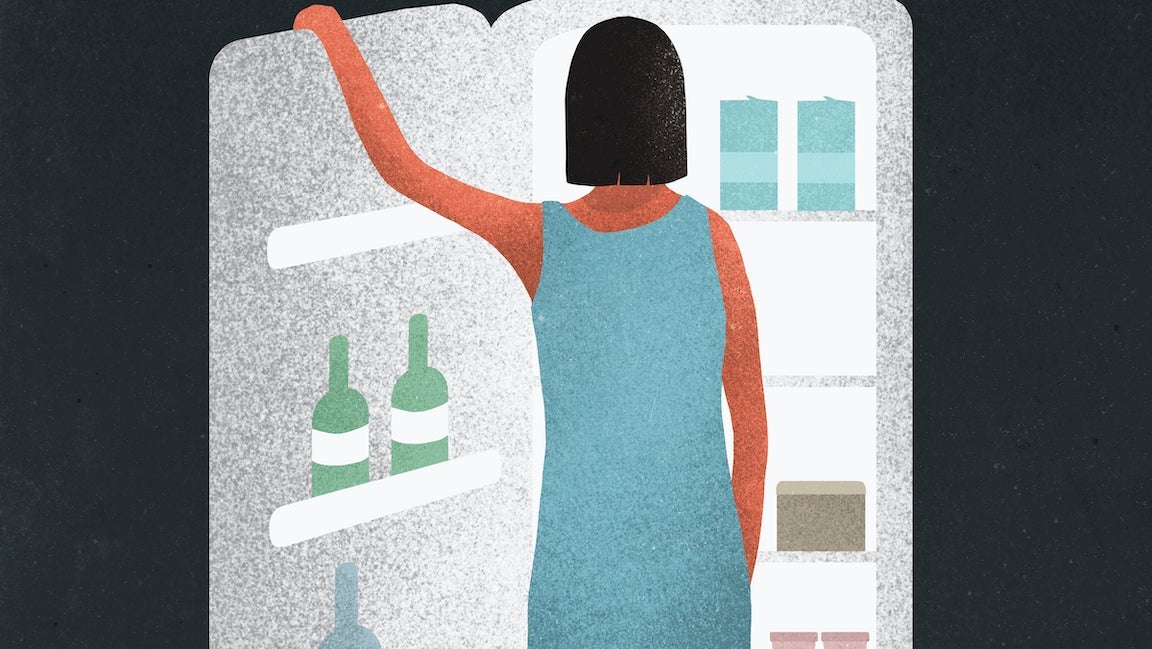 Illustration of hungry woman standing at open refrigerator.