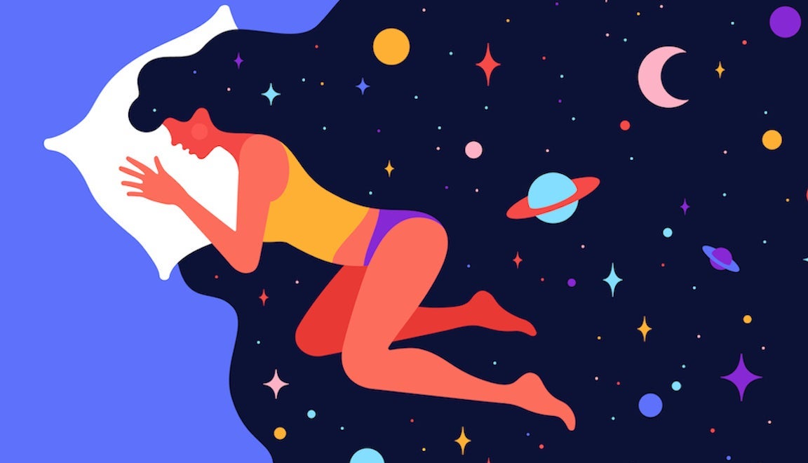 Simple character of woman sleeping in bed with universe starry night in hair.
