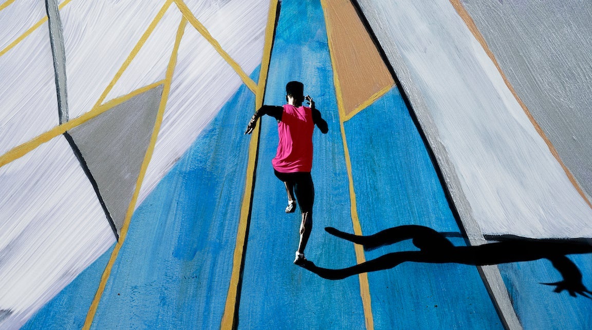 Photographs of athletes at stadium, combined with paint strokes in graphic shapes.