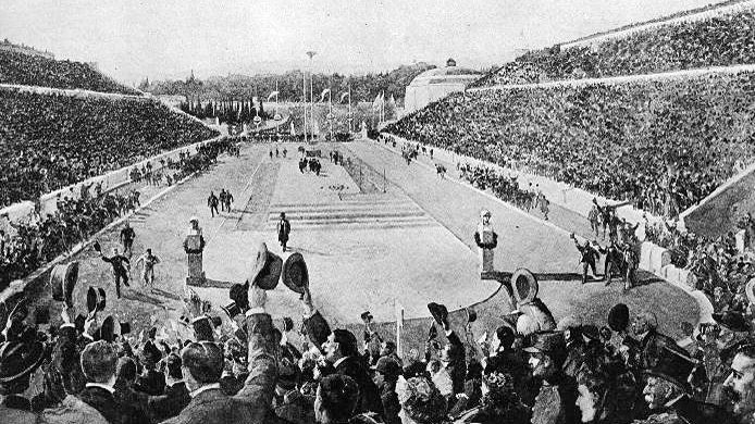 Louis entering the stadium at the 1896 Athens Olympics