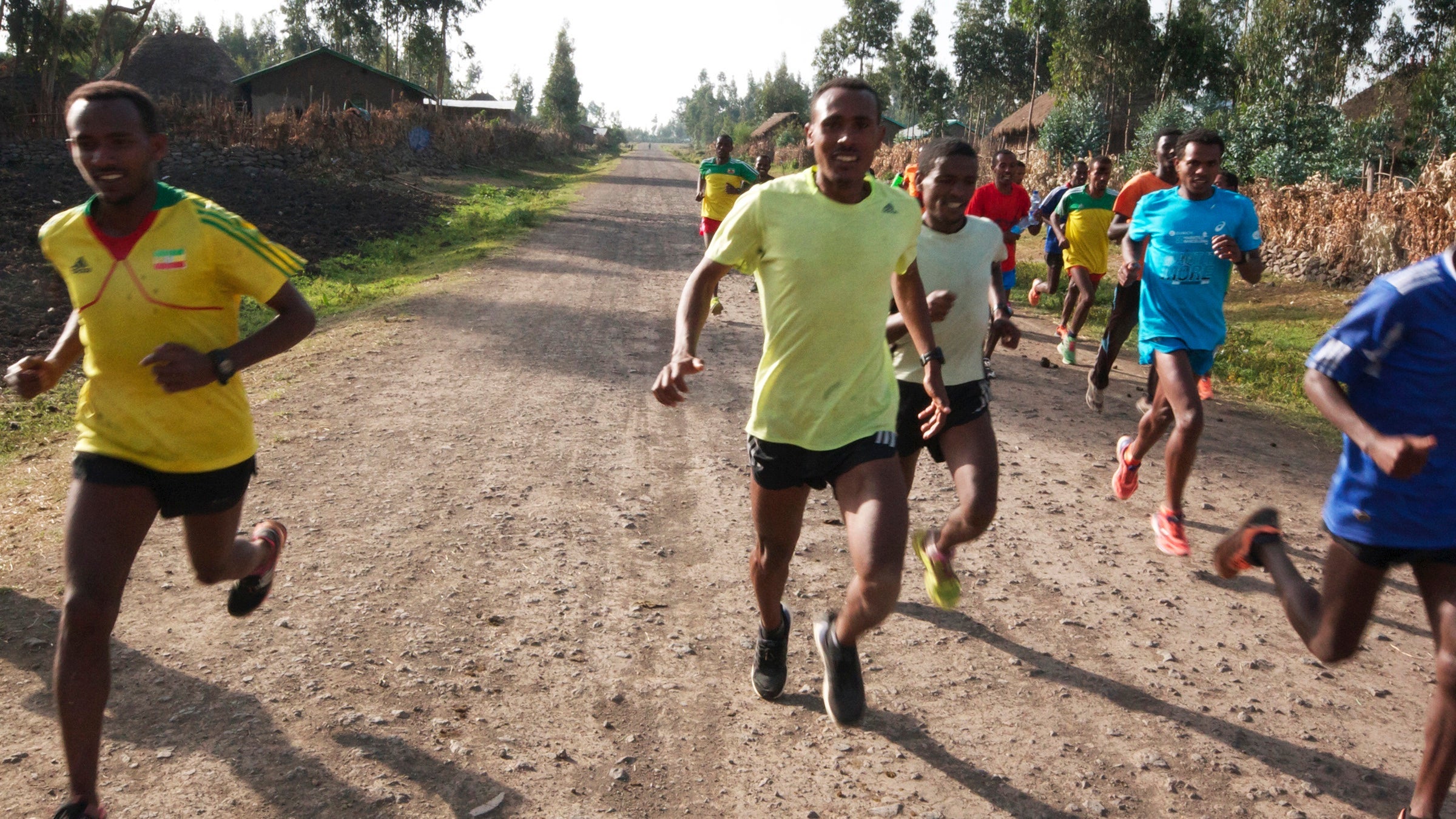 Ethiopian runners train on the hard, gravelly coroconch road.