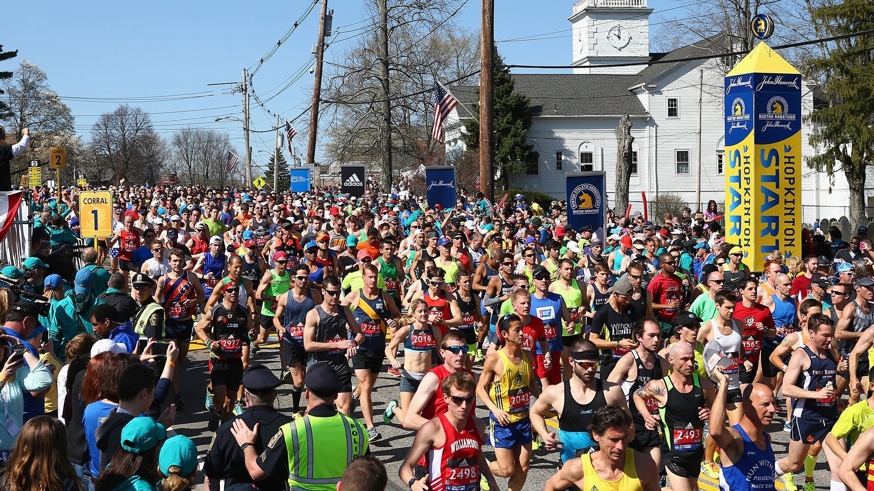 runners at the start of the Boston Marathon