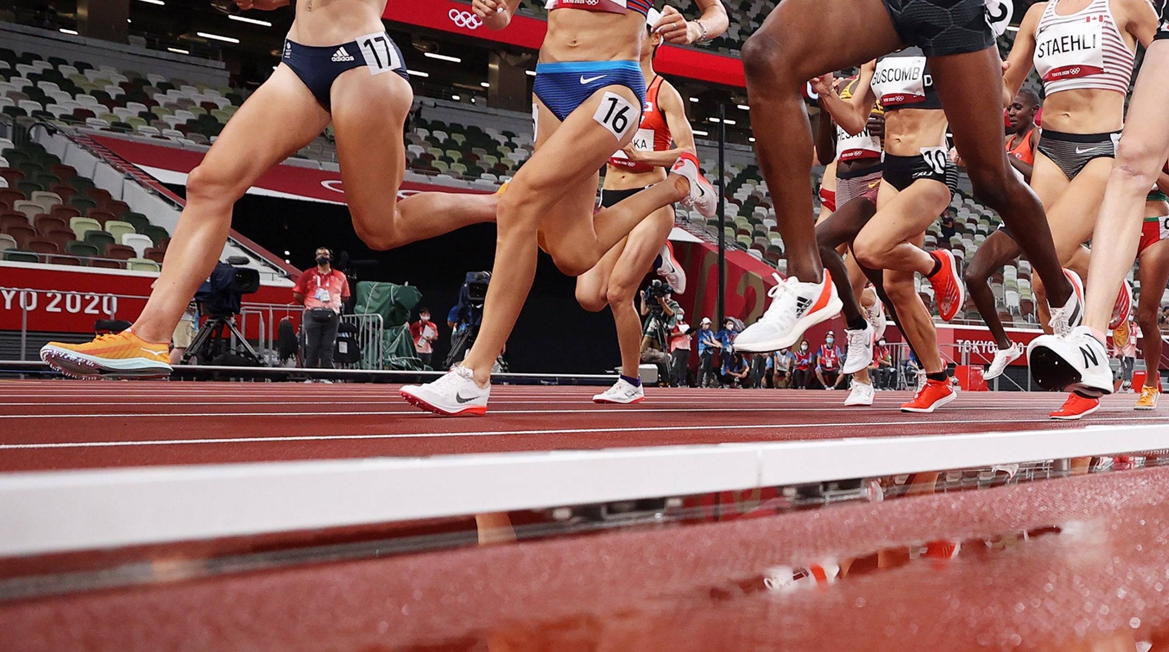 Spikes from four brands on the feet of women in heat 1 of the 5000m Round 1 at the Tokyo 2020 Olympic Games