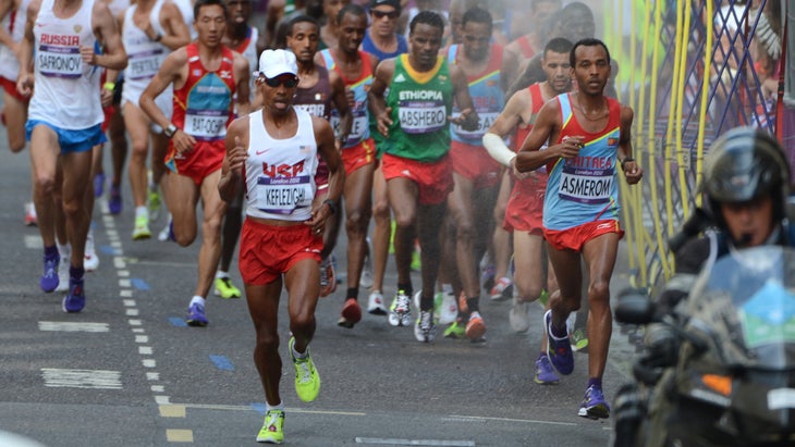 Mebrahtom Keflezighi battled to fourth in the men's marathon during the London 2012 Olympic Games on August 12, 2012